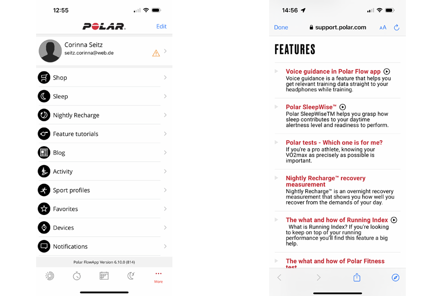 Man sieht die verschiedenen Einstellungsmöglichkeiten in der Polar Flow App.